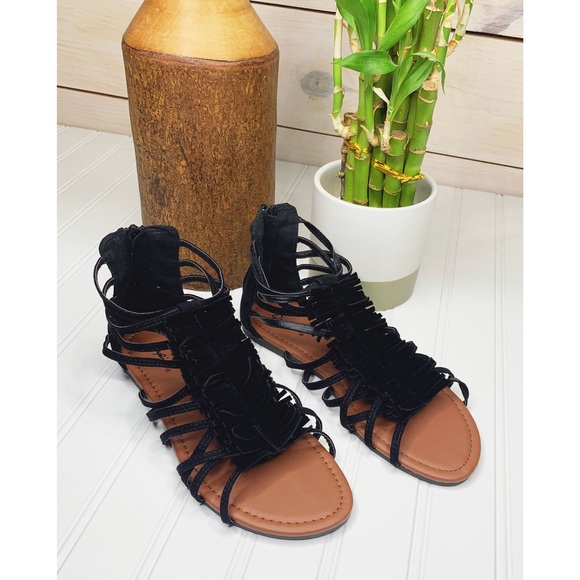 Qupid Shoes - SEE NEW LISTING! Black Gladiator Sandals with Fringe Detailing